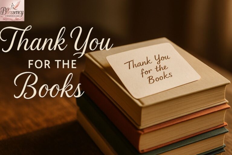 A beautifully styled image of stacked books with a handwritten “Thank You for the Books” note on top, perfect for a blog about thank you messages for books.