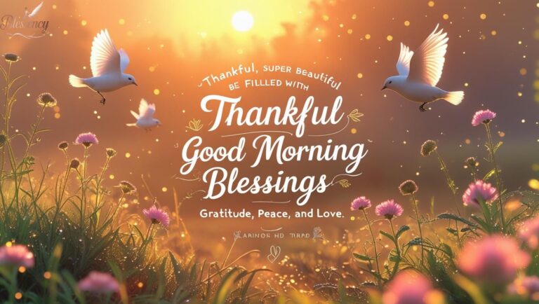 “Thankful Good Morning Friday Blessings image with sunrise background, flowers, and prayer text overlay wishing peace and gratitude.”