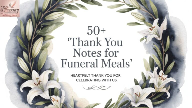 Elegant thank you card image with white lilies and candles for 50+ Thank You Notes for Funeral Meals blog post.