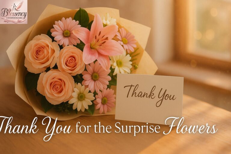 Beautiful bouquet of pastel roses, lilies, and daisies with a handwritten thank you note for surprise flowers, warm light and bokeh background, perfect for heartfelt gratitude messages.