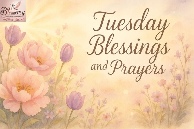 Professional, inspirational image with soft pastel sunrise and elegant “Tuesday Blessings text overlay, perfect for sharing Tuesday blessings on Pinterest.