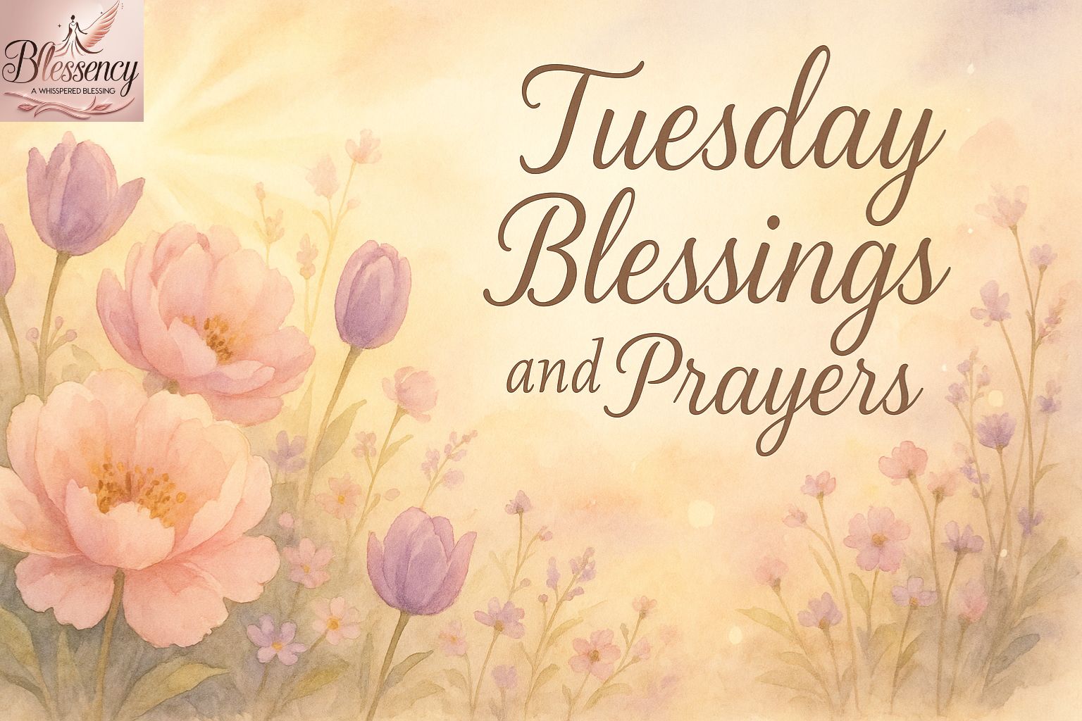 Professional, inspirational image with soft pastel sunrise and elegant “Tuesday Blessings text overlay, perfect for sharing Tuesday blessings on Pinterest.