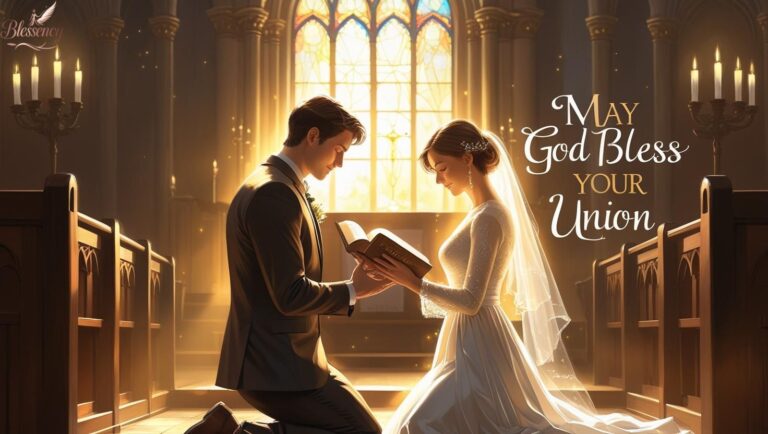 Christian couple praying for marriage blessings — 'May God Bless Your Union' quote with spiritual vibes, perfect for wedding cards and faith-based ceremonies.