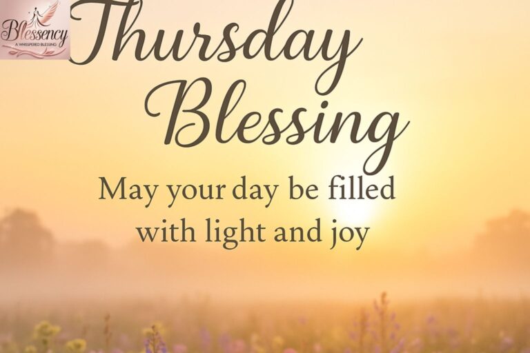 Professional, uplifting Thursday blessings quotes image with sunrise over wildflowers and text overlay: “Thursday Blessing: May your day be filled with light and joy,” with subtle blessency.com branding.