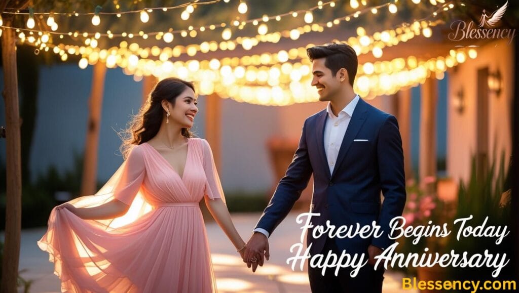 Romantic happy anniversary blessing photo of a couple standing under fairy lights in soft golden glow, celebrating love and togetherness — perfect for anniversary blessings post.