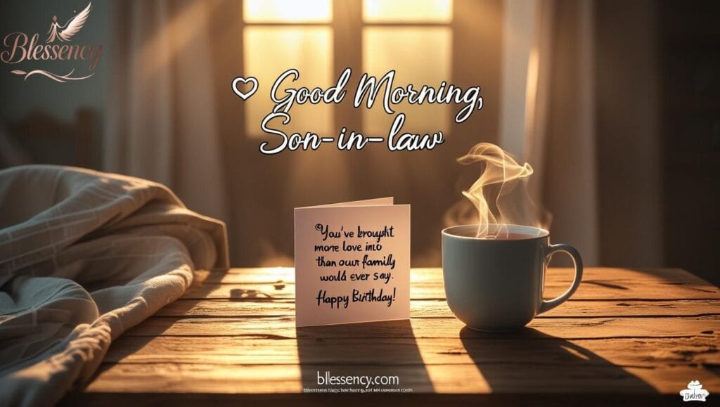 Beautiful emotional birthday morning image for son-in-law with sunrise, tea, and heartfelt message. Includes quote: “Good Morning, Son-in-Law – You’ve brought more love into our family than words could ever say.” Perfect for Happy Birthday Son-in-Law Images with Quotes, Wishes & Messages.