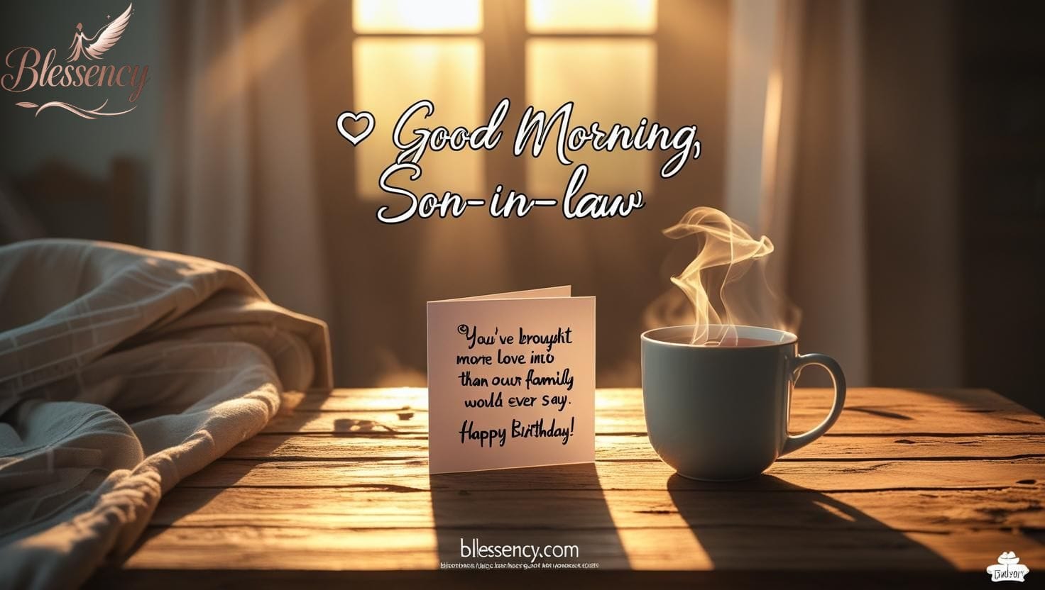 Beautiful emotional birthday morning image for son-in-law with sunrise, tea, and heartfelt message. Includes quote: “Good Morning, Son-in-Law – You’ve brought more love into our family than words could ever say.” Perfect for Happy Birthday Son-in-Law Images with Quotes, Wishes & Messages.
