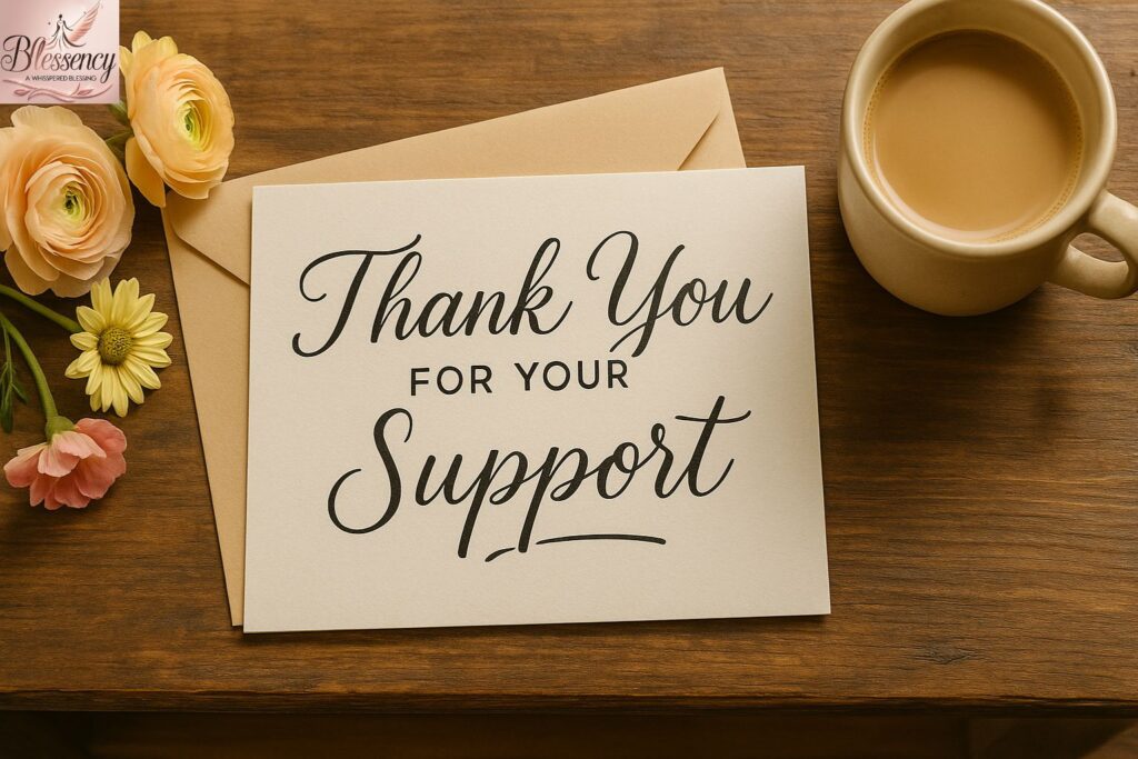 Thank You for Your Support – handwritten note with flowers and coffee for a warm, personal message of appreciation.