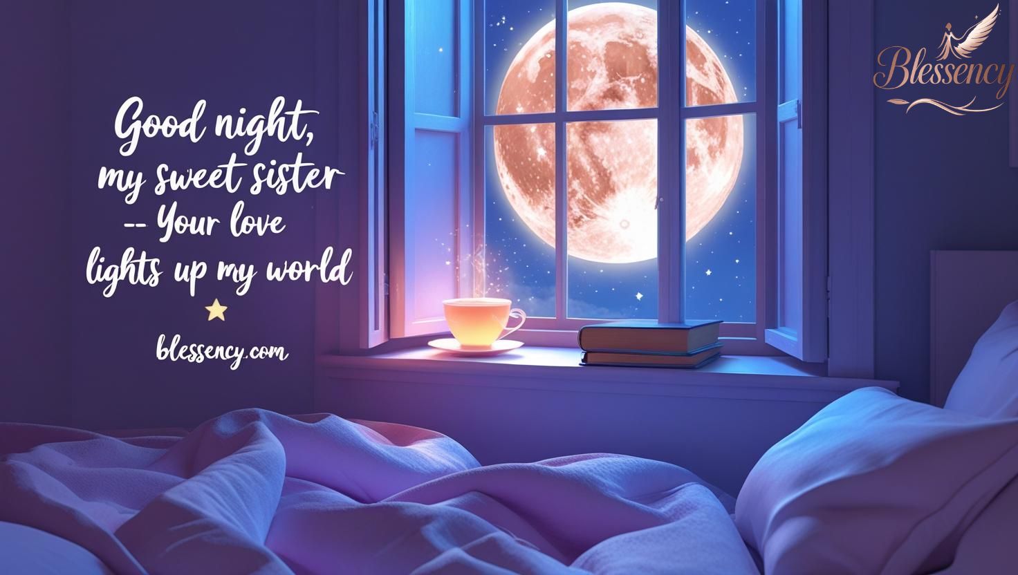 A soft and emotional Good Night Messages for Sister image for featuring a pastel moonlight bedroom scene with a heartfelt quote, ‘Good night, my sweet sister — your love lights up my world.’ Designed for Blessency.com, this image visually expresses sweet good night wishes for sister, heart-touching messages, emotional sister quotes, and bedtime love. Perfect for conveying spiritual good night messages, positive and inspiring bedtime wishes, and sister love quotes — optimized for U.S.-based audience looking to share love and blessings before sleep.