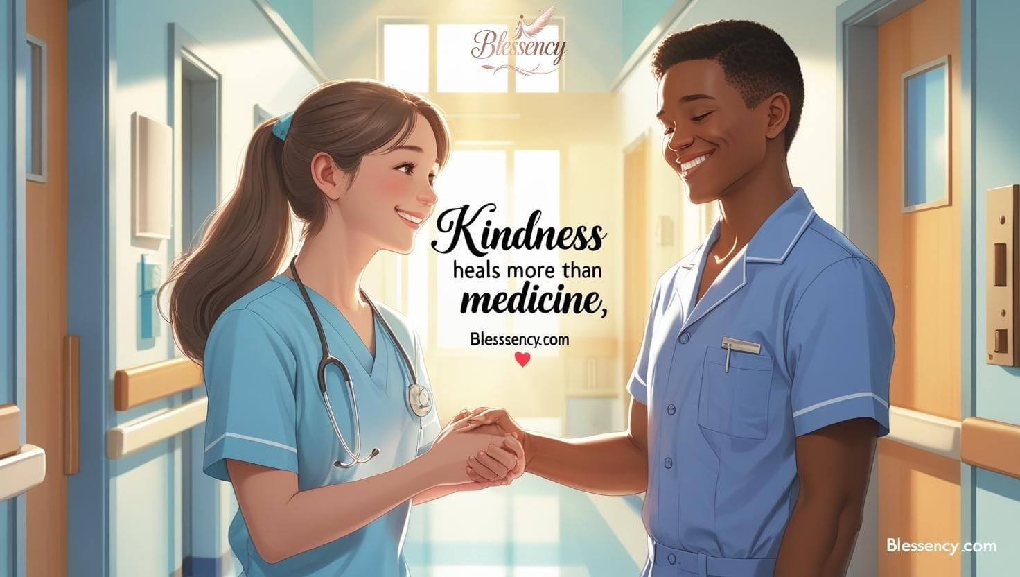 A student nurse expressing gratitude to hospital staff in a warm hospital hallway — perfect 90 Student Nurse Thank You Messages to Staff + Nurse Thank You Note Examples image featuring appreciation message. Emotional and friendly nurse thank you message from student nurse to staff — includes semantic keywords like nurse appreciation, hospital support, and student nurse thank you messages.