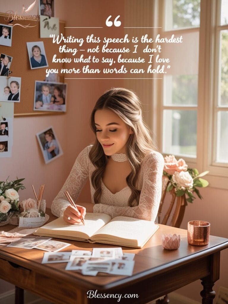 Younger sister writing wedding speech with emotional expression, surrounded by childhood photos — heartfelt tribute for sister’s wedding – Blessency.com