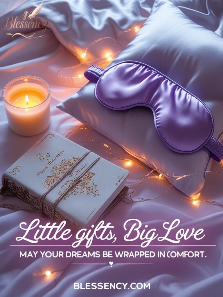 A soft, cozy flat lay of sleep-time gift ideas including a lavender sleep mask, silk pillow, candle, and prayer journal. The image includes the quote: “Little gifts, big love — may your dreams be wrapped in comfort,” with branding from Blessency.com. Perfect for promoting gift ideas that pair beautifully with good night messages for sister, appreciation gifts, emotional bedtime moments, and thoughtful tokens of love. Optimized with keywords like gift ideas for sister, bedtime blessings, cozy nighttime gifts, sleep well essentials, and personalized nighttime surprises.