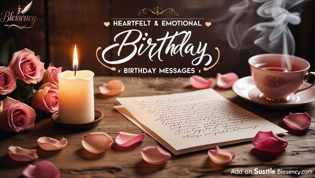 Softly lit candle beside an open handwritten birthday letter, rose petals, and tea cup, representing heartfelt and emotional birthday messages.