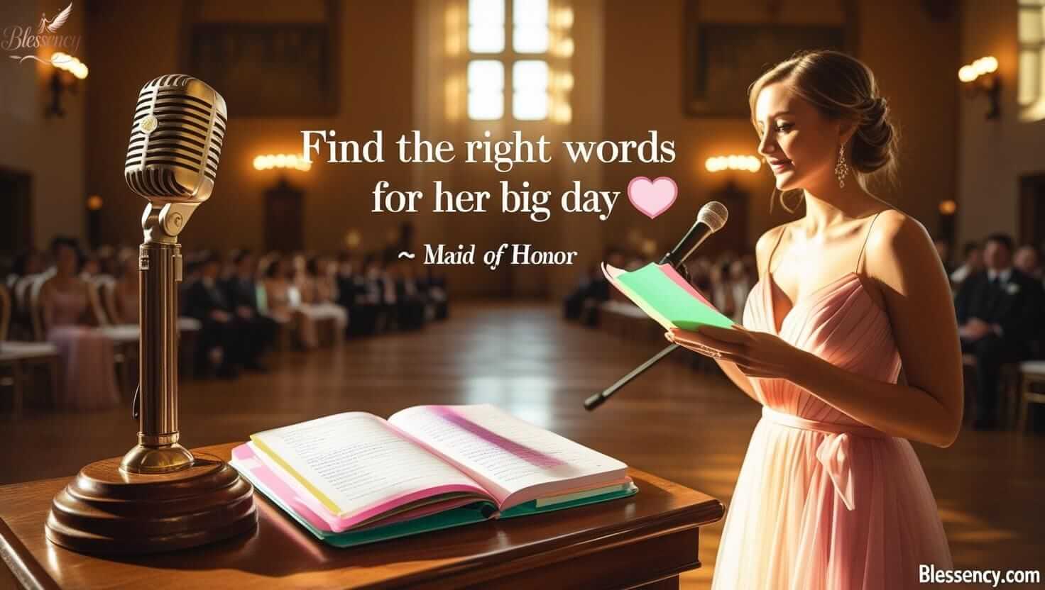 Maid of Honor Speech Guide: Templates, Examples & Tips for Every Style 8 Maid of Honor giving funny and emotional wedding speech at sunset with floral décor — speech inspiration for Christian weddings and toast examples – Blessency.com
