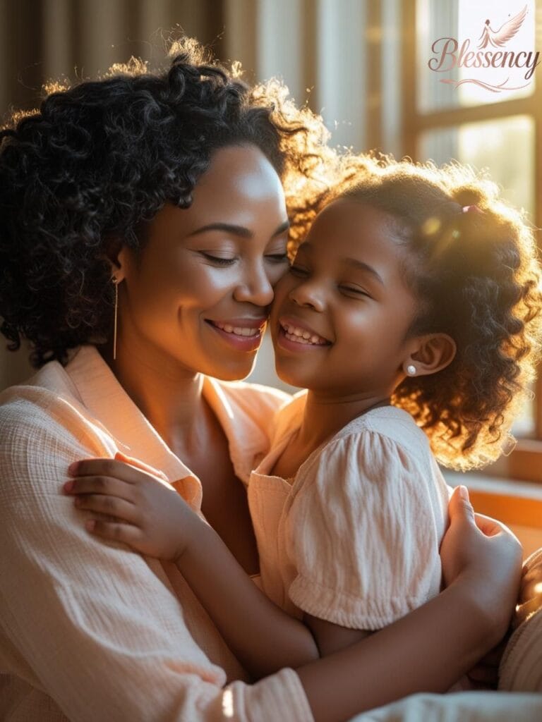 “Black mother hugging daughter in morning light – family love good morning image – blessency.com”