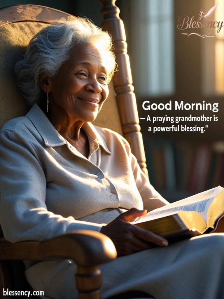 “Black grandmother praying with Bible – spiritual good morning family image – blessency.com”