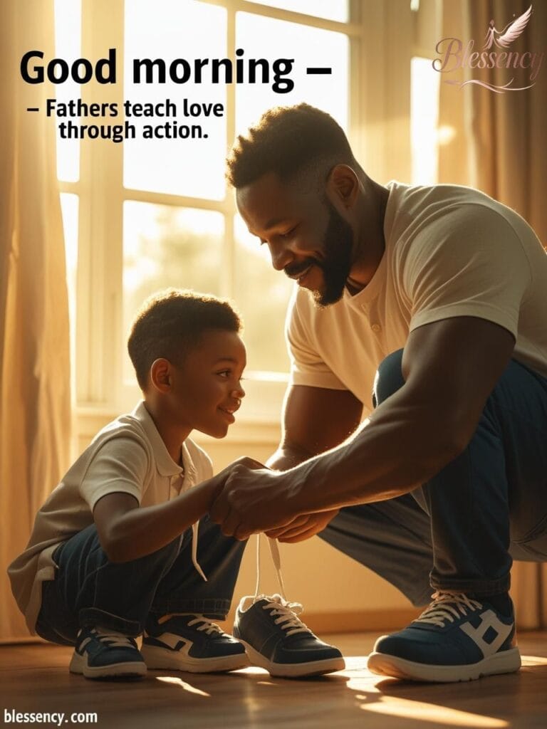 “Black father tying son’s shoes – powerful good morning image – blessency.com”