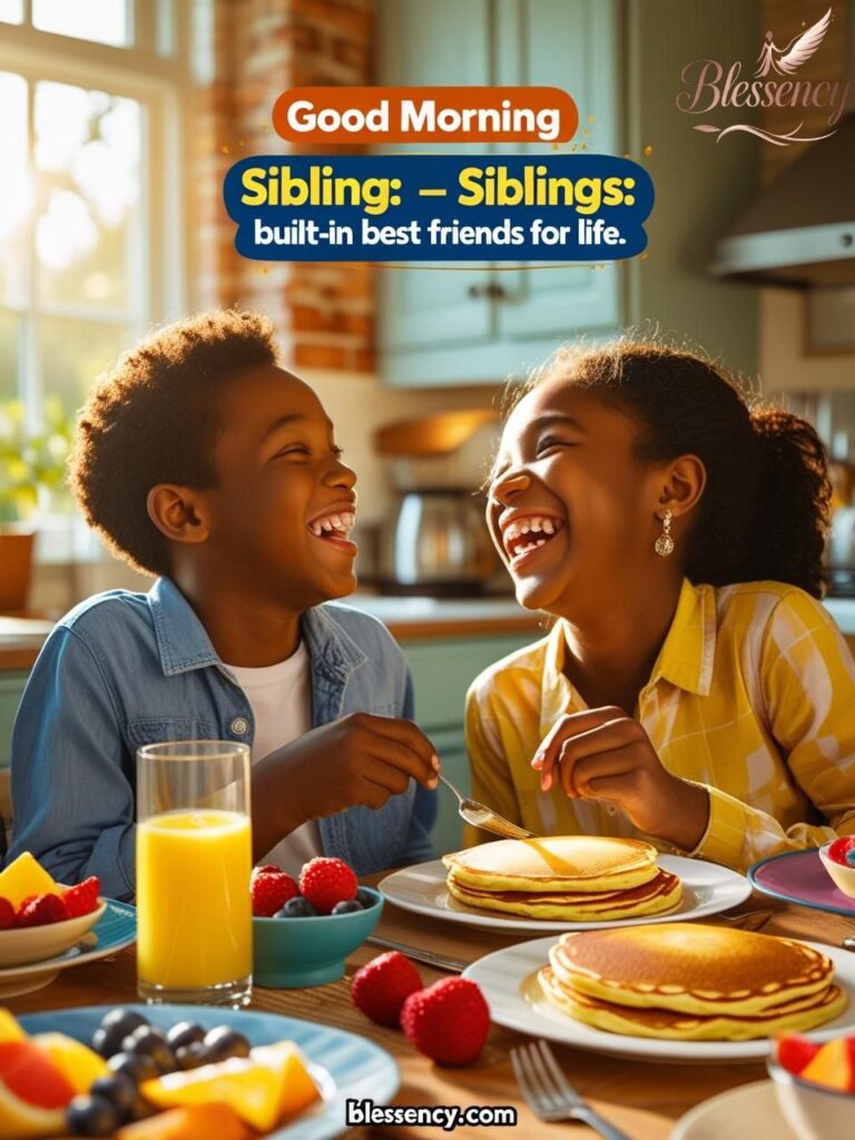 “Black siblings laughing over breakfast – good morning image for family love – blessency.com”