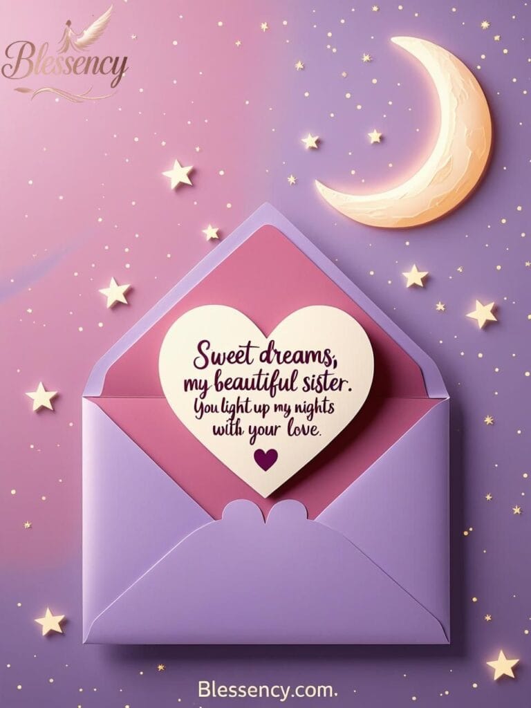 A soft pink and lavender good night image featuring a glowing moon and a heartfelt quote that says, “Sweet dreams, my beautiful sister. You light up my nights with your love.” This bedtime design from Blessency.com visually expresses sweet good night wishes for sister, heart-touching emotional messages, cute bedtime quotes, and sister love. Ideal for Pinterest sharing, emotional sister quotes, restful night messages, spiritual good night blessings, and comforting bedtime thoughts — optimized for a U.S. audience seeking to end the day with warmth and connection.