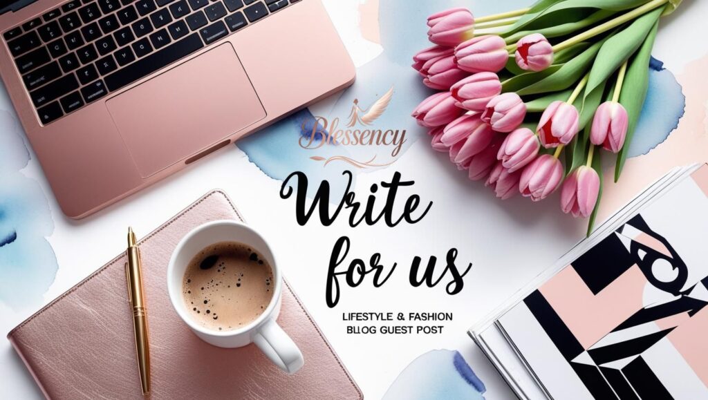 An write for us text pic with Laptop and tea
