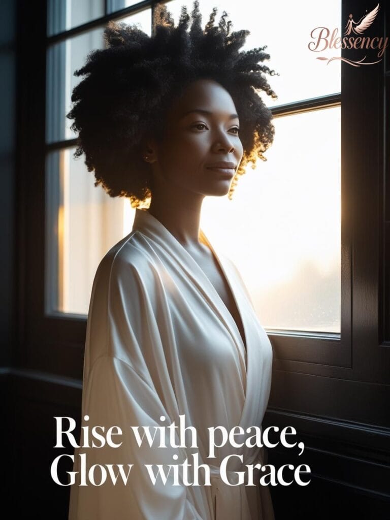 “Soulful Black woman in morning light – Good Morning Black Images with peace quote – blessency.com”