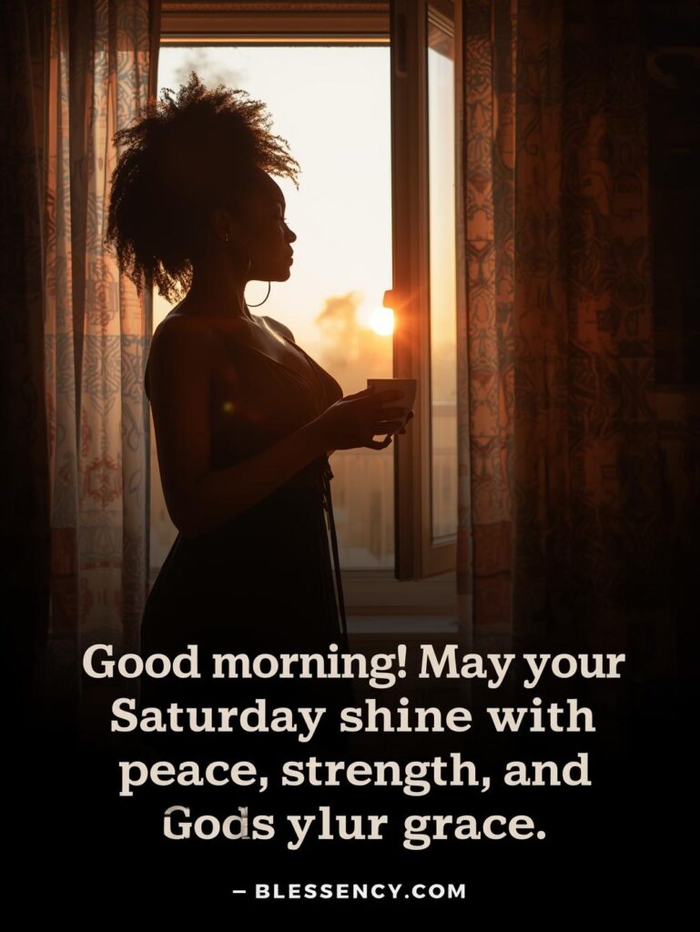 “African American woman enjoying a spiritual Saturday morning sunrise with coffee, feeling peace and blessings – Blessency.com.”