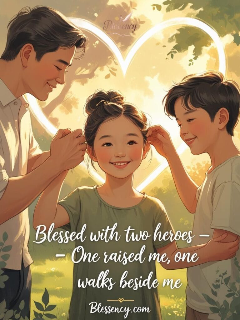 Emotional daughter with father and brother illustration – double father figures bond – touching family love image with heartfelt quote for Father’s Day or siblings appreciation – warm garden scene with sunlight – Blessency.com.