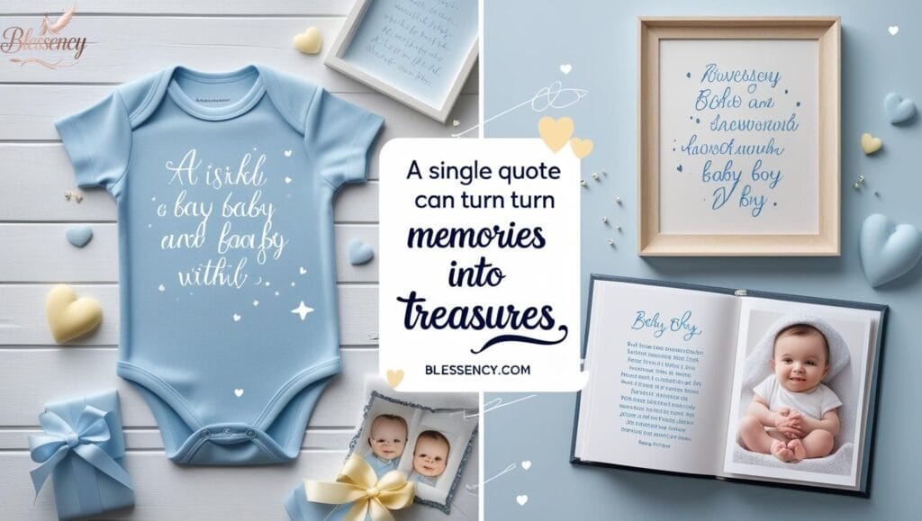 Flat lay image of creative ways to use baby boy quotes — including printed onesie, nursery wall decor, baby card, and photo album. Features quote: ‘A single quote can turn memories into treasures.’ Ideal for baby boy quote ideas, nursery inspiration, DIY gifts, and emotional keepsakes — featured on blessency.com.