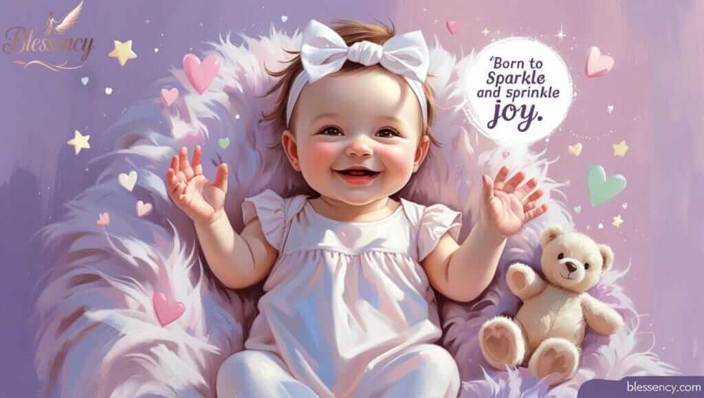 “Cute one-liner quotes for baby girl celebration — image shows smiling baby girl in pink headband with joyful vibe, perfect for short baby girl captions and adorable scrapbook ideas.”