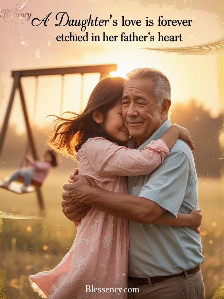 "Emotional father and daughter moment captured in a heartfelt hug at sunset, symbolizing deep father-daughter love and unbreakable bond. Perfect for blogs on emotional father quotes from daughter, touching dad-daughter relationships, and honoring a father’s legacy. Image for Blessency.com."