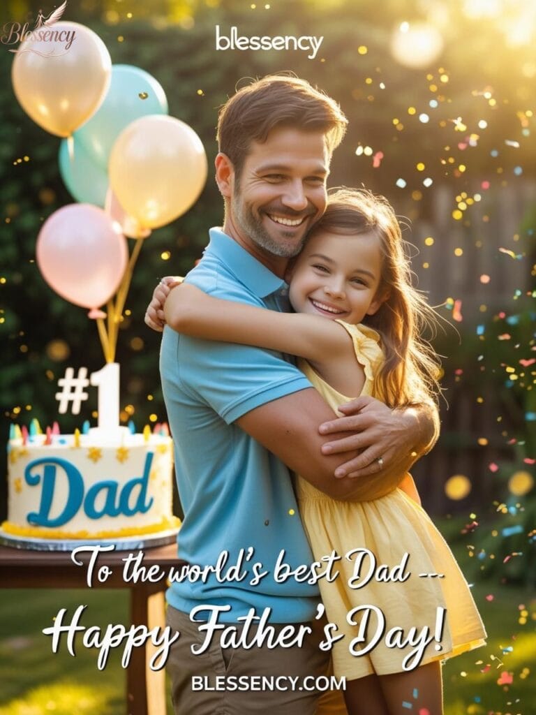 Heartfelt Father’s Day quotes from daughter image with emotional hug, festive balloons, and loving message — perfect tribute to dad’s love and support | Emotional dad and daughter picture for Father’s Day blog | Blessency.com
