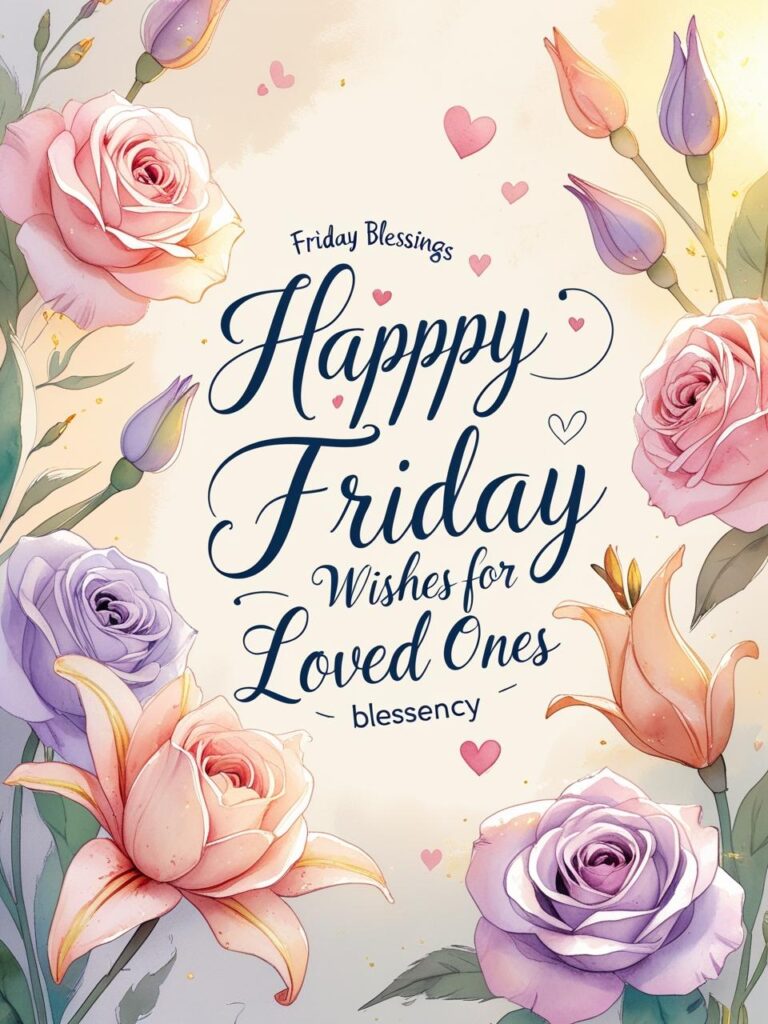 Happy Friday wishes for loved ones with soft floral design and heartfelt greeting text. Perfect for sharing warm Friday blessings and messages on Blessency.com.