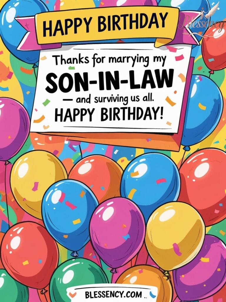 Funny birthday son-in-law image with humorous quote and bright design