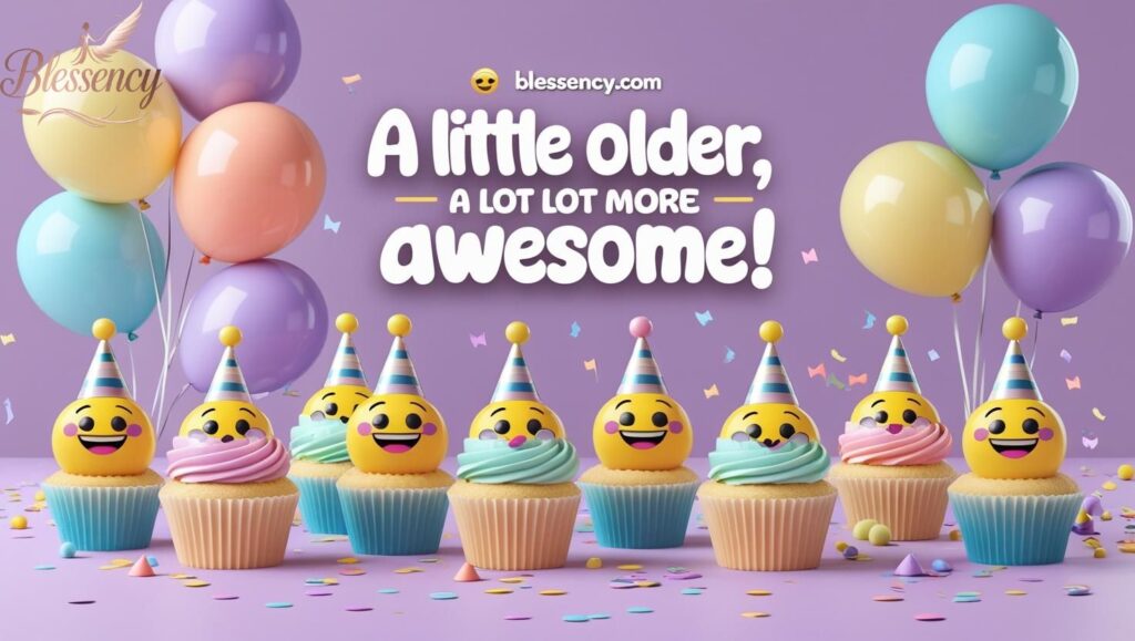Funny birthday cupcakes with party hats and smiling faces, colorful balloons and confetti — perfect for lighthearted birthday blessings.