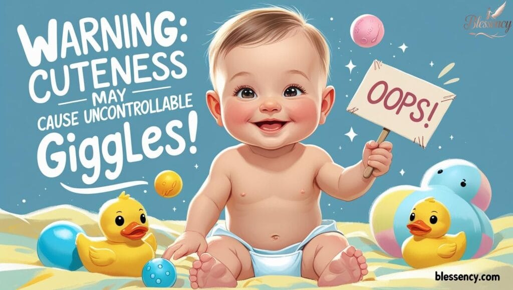 Funny baby boy image showing a giggling baby in a diaper, surrounded by toys and humor. Perfect for funny baby boy quotes, it’s a boy captions, cute baby sayings, and parenting laughs — featured on blessency.com.