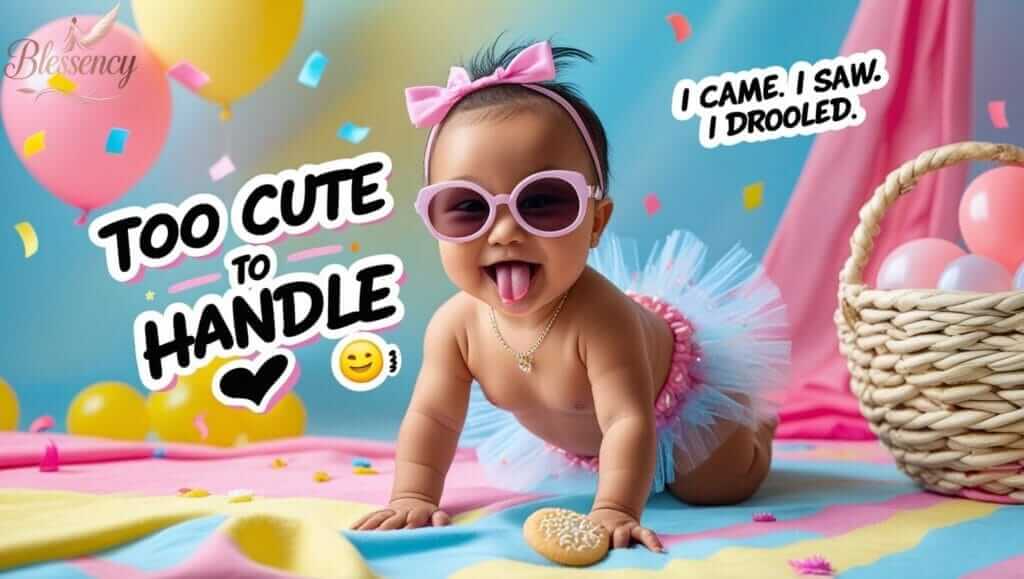 “Funny baby girl captions short and cute — image shows adorable baby in sunglasses with playful expression. Perfect for baby girl quotes, social media posts, and scrapbook humor.”