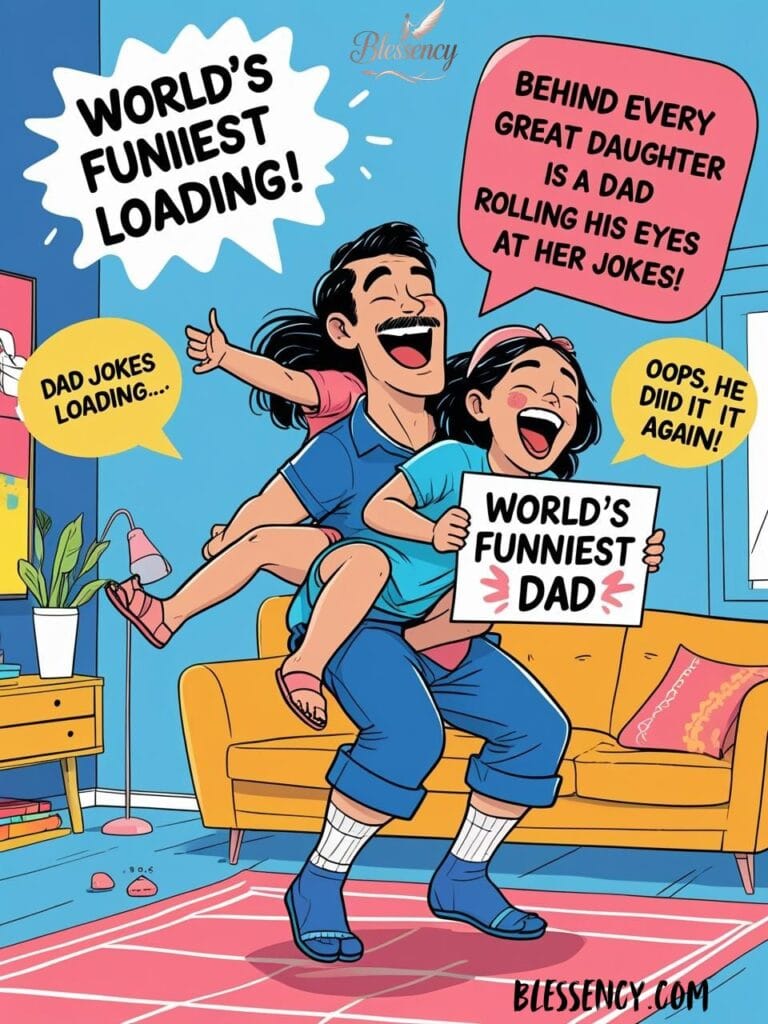 Funny cartoon dad and daughter laughing illustration – playful father-daughter bond image – silly dad moments with jokes – comic-style family humor – quote overlay for Father’s Day laughs – Blessency.com.