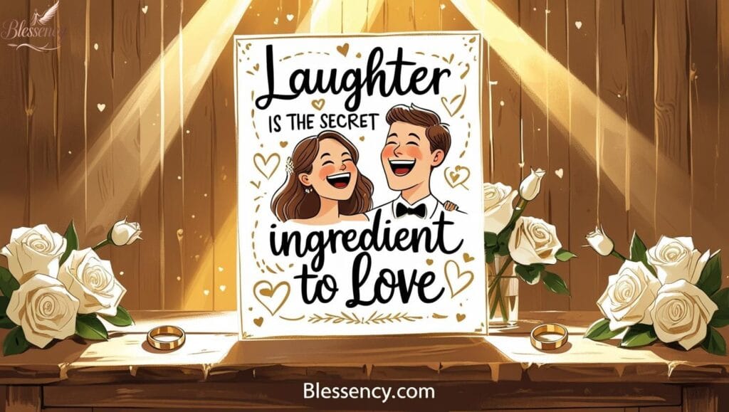 “Funny wedding card messages for couples image – rustic card with humor quote, doodles of bride and groom laughing, and overlay text 'Laughter is the secret ingredient to love' – Blessency.com branding. Perfect for funny wedding card ideas and humorous wedding wishes.”