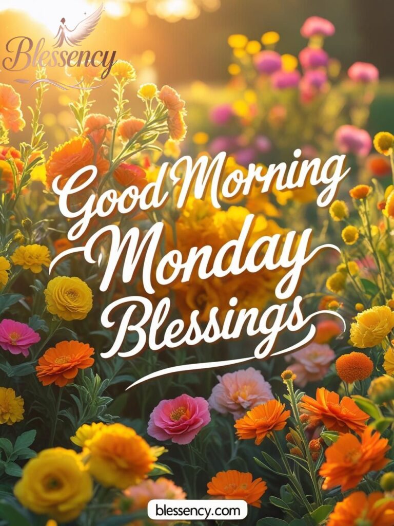 Good morning Monday blessings and prayers image with sunrise and spiritual quote | Blessency.com
