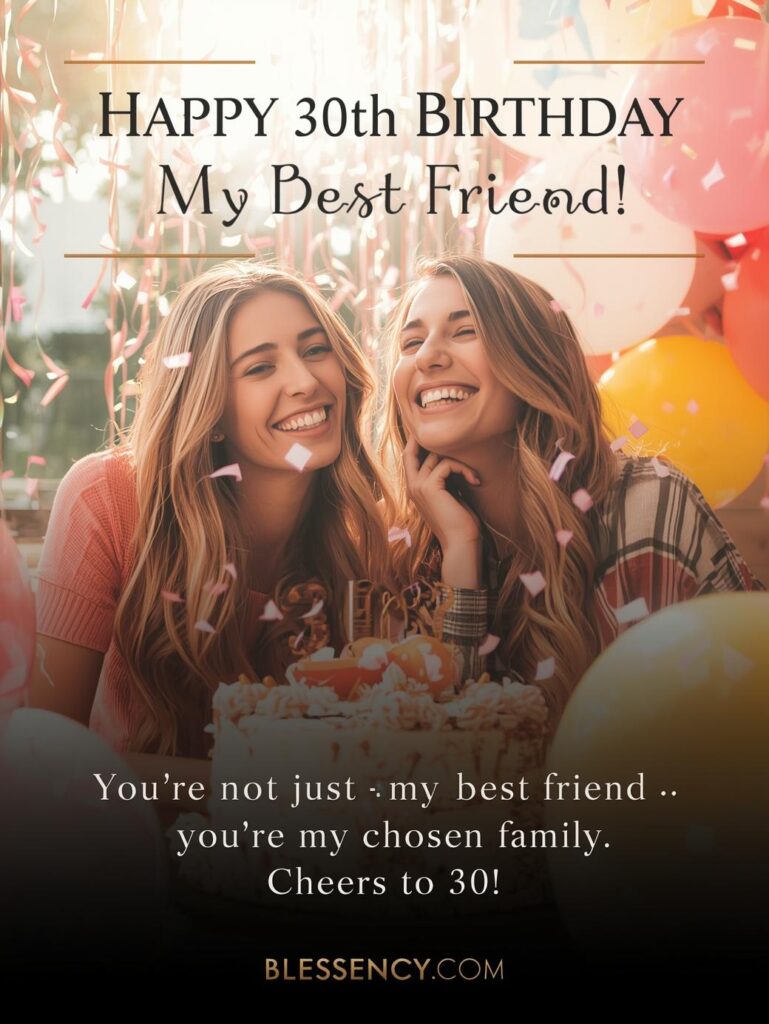 30th Birthday Sayings 60+ Happy 30th Birthday Messages and wishes 6 Happy 30th birthday image for best friend — two friends celebrating with cake, balloons, and heartfelt wish “Cheers to 30!” | Blessency.com
