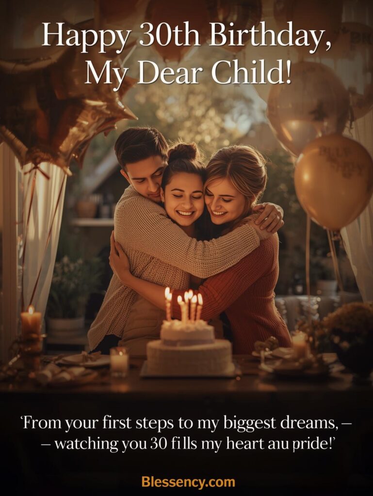 30th Birthday Sayings 60+ Happy 30th Birthday Messages and wishes 10 Happy 30th birthday image for child — parents celebrating with love, cake, and heartfelt wish “Watching you turn 30 fills my heart with pride” | Blessency.com