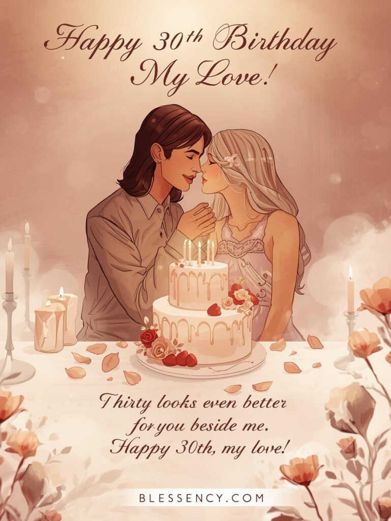 30th Birthday Sayings 60+ Happy 30th Birthday Messages and wishes 7 Happy 30th birthday image for partner — romantic couple celebrating with candles and cake, heartfelt wish “Thirty looks better with you beside me” | Blessency.com