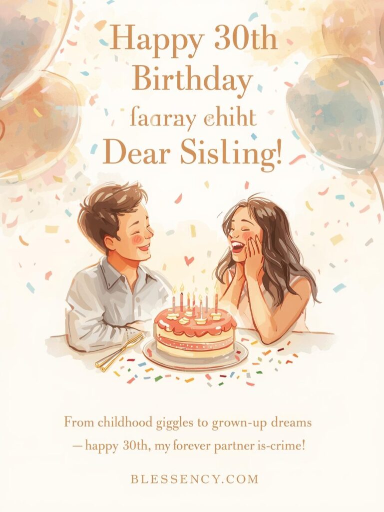 30th Birthday Sayings 60+ Happy 30th Birthday Messages and wishes 8 Happy 30th birthday image for sibling — brother and sister celebrating with cake, balloons, and heartfelt wish “Forever partner-in-crime” | Blessency.com