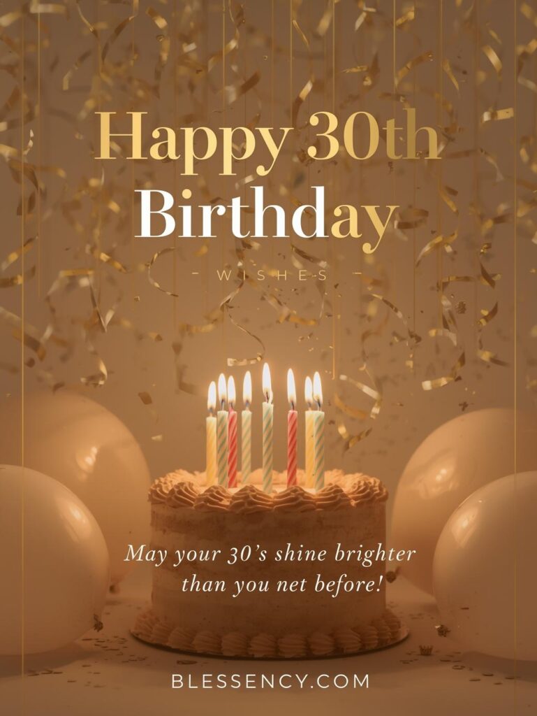 30th Birthday Sayings 60+ Happy 30th Birthday Messages and wishes 4 Happy 30th birthday wishes image — golden balloons, glowing cake, heartfelt birthday message “May your 30s shine brighter than ever before!” | Blessency.com
