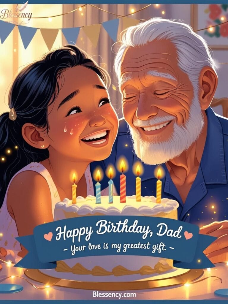 “Happy birthday father from daughter” quote image showing an emotional birthday hug between a daughter and her dad with glowing candles, handwritten birthday quote overlay, soft sunset colors, and text: “Happy Birthday, Dad — Your Love is My Greatest Gift.” Perfect for emotional dad birthday quotes blog. Keywords: happy birthday dad, daughter to father quotes, father love birthday tribute, Blessency.com.