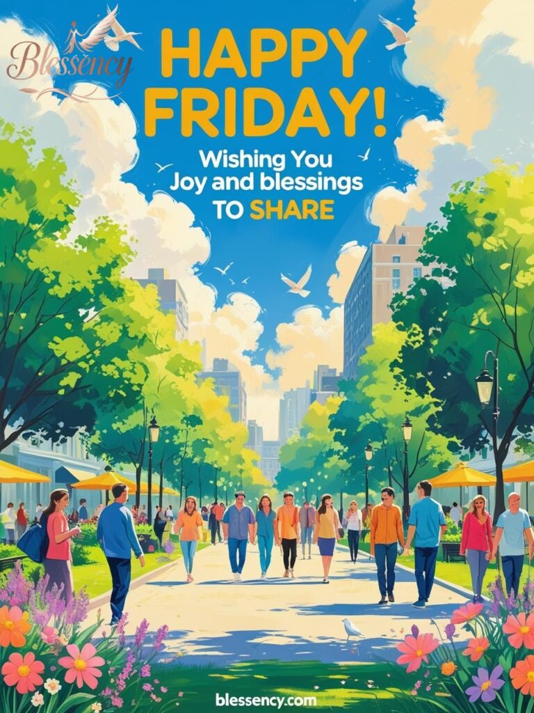 “Happy Friday image with bright morning park scene, joyful people, colorful flowers, uplifting blessings text, and Blessency.com watermark.”