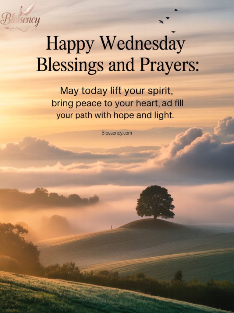“Happy Wednesday Blessings and Prayers image with peaceful sunrise over misty valley, spiritual text overlay, and Blessency.com watermark to lift the spirit.”