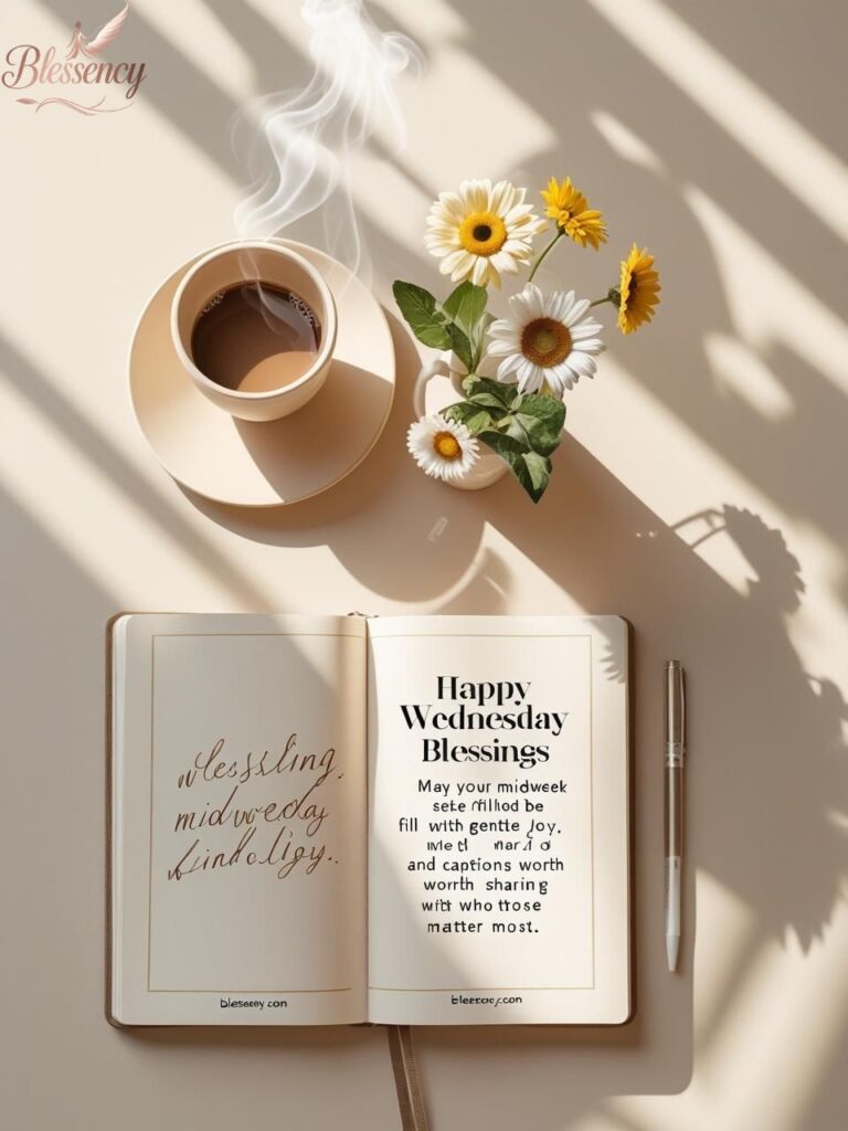 “Happy Wednesday Blessings image with modern flat-lay desk, journal, flowers, coffee, shareable text overlay, and Blessency.com watermark for social media.”