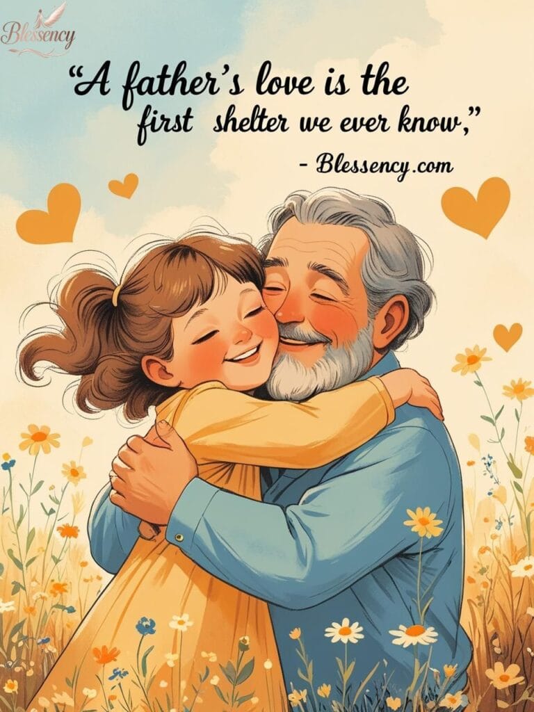 Heartfelt quote image of a daughter hugging her father in a glowing field, symbolizing unconditional love, support, and deep father-daughter bond — perfect for Father’s Day, emotional tributes, or inspirational content. Features emotional father quotes, dad love messages, and parenting appreciation from Blessency.com.