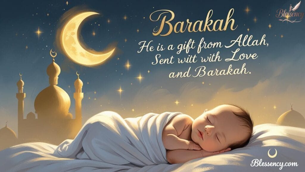Islamic baby boy image featuring a newborn wrapped in white under a crescent moon, with mosque background and quote ‘He is a gift from Allah’. Ideal for Islamic baby boy quotes, newborn blessings, Allah’s gift quotes, and Muslim parenting — published on blessency.com.